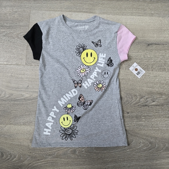 New With Tags Girls Size 10-12 Happy Mind Happy Life T-Shirt Flowers Happy Faces - Picture 2 of 7